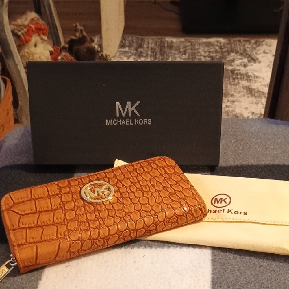 Michael Kors Tan Crocodile Embossed Zip Around Wallet